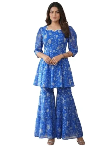 Buy GRECIILOOKS Women Printed Kurti Set with Sharara Pants | Ethnic Kurta Set for Women | Party Outfit Traditional Dress for Woman | Flared Palazzo Kurta Set at nearme.com.np image 9 — Blue