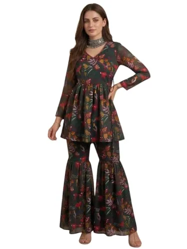 Buy GRECIILOOKS Women Printed Kurti Set with Sharara Pants | Ethnic Kurta Set for Women | Party Outfit Traditional Dress for Woman | Flared Palazzo Kurta Set at nearme.com.np image 10 — Multicolour