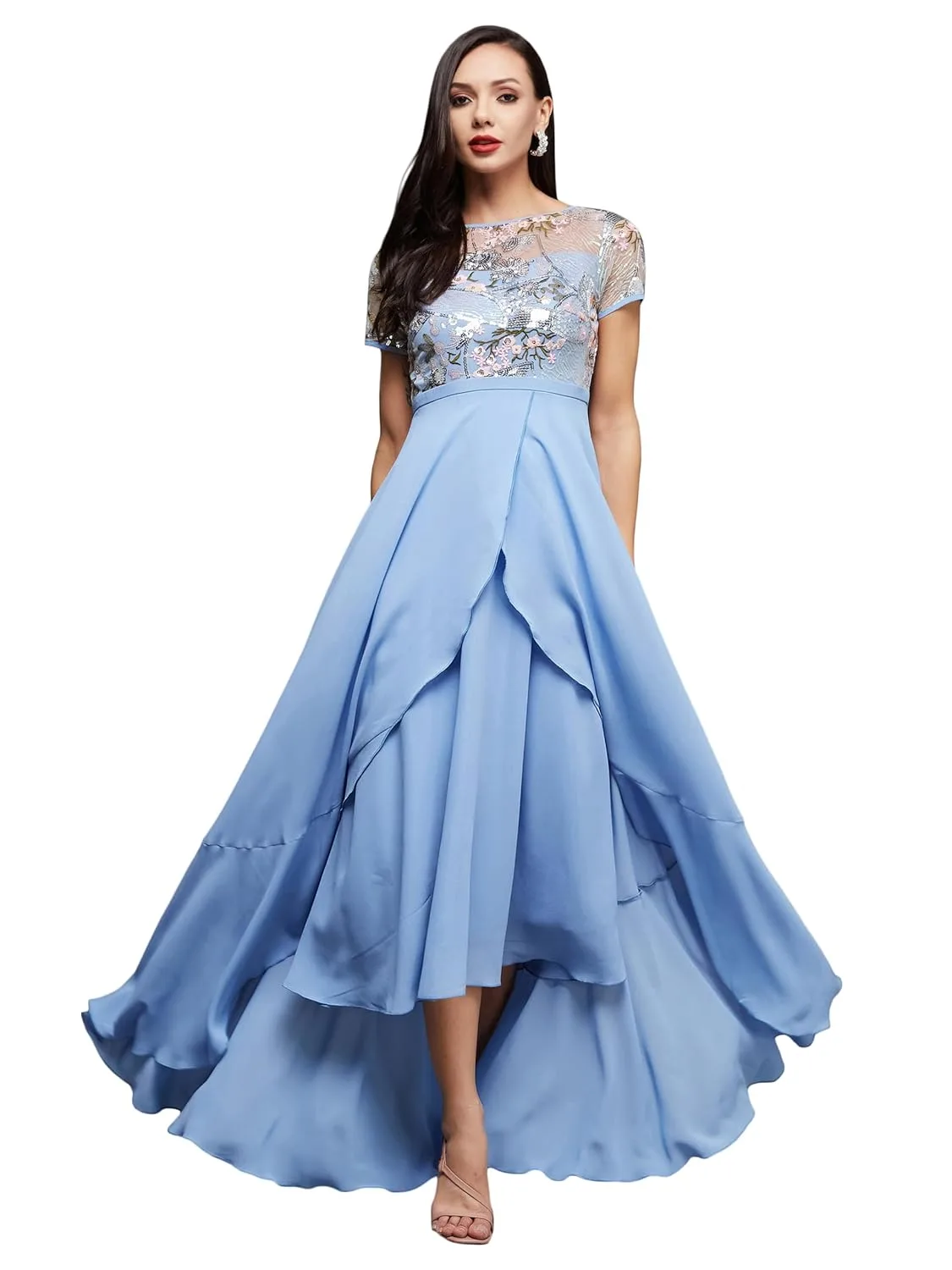 Women's Round Neck Short Sleeve Floral Layered Midi Dress at Near Me Nepal Online Store