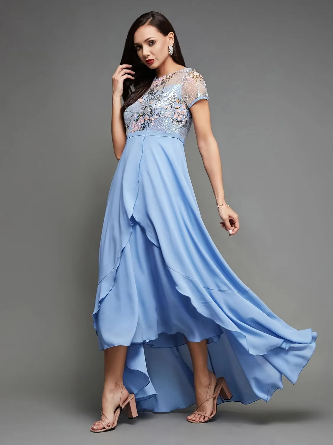 Women's Round Neck Short Sleeve Floral Layered Midi Dress at Near Me Nepal Online Store image 3