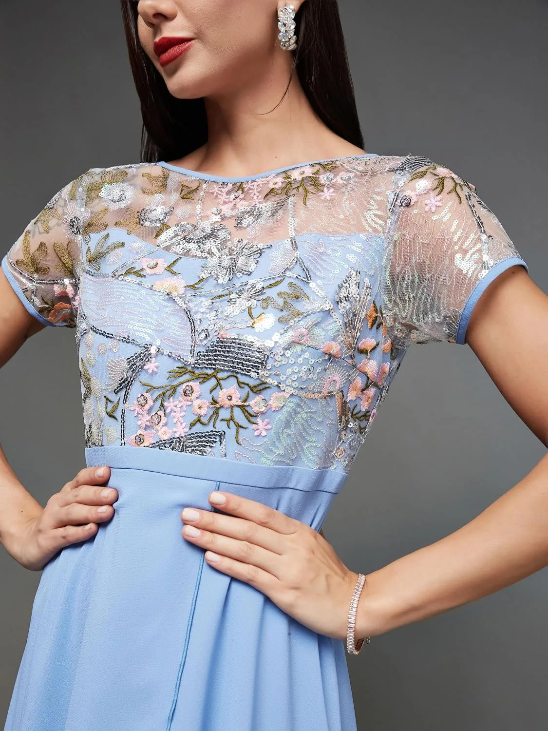 Women's Round Neck Short Sleeve Floral Layered Midi Dress at Near Me Nepal Online Store image 5