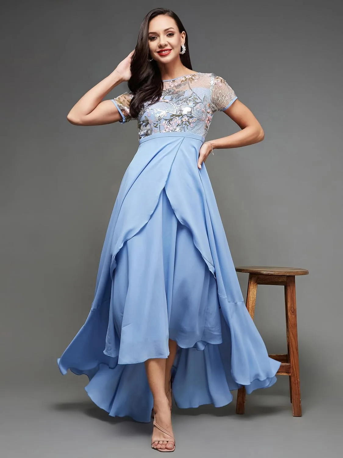 Women's Round Neck Short Sleeve Floral Layered Midi Dress at Near Me Nepal Online Store image 6
