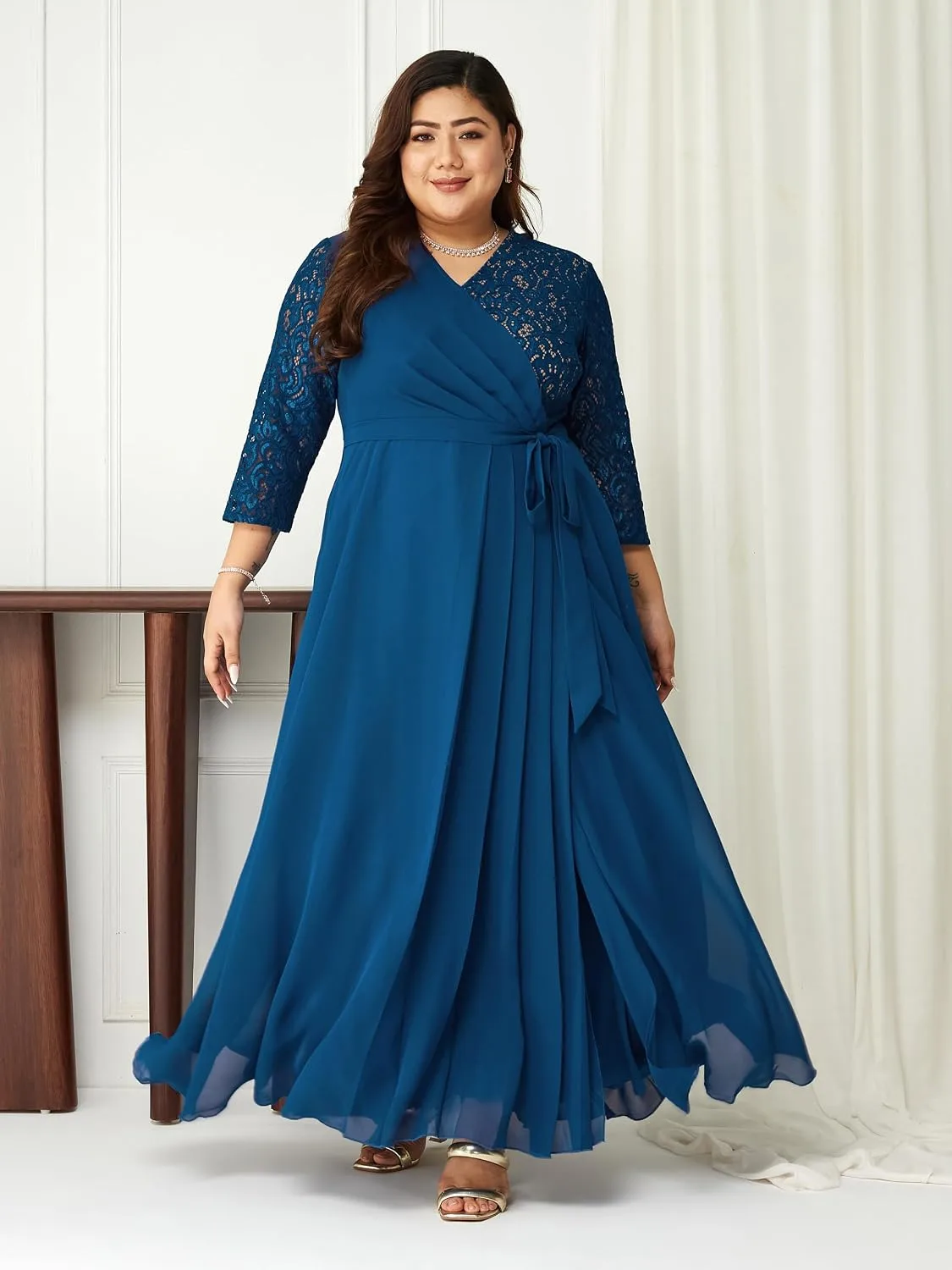 Buy Miss Chase A+ Women's V-Neck 3/4 Sleeve Self-Designed Wrap-Styled Maxi Dress (APSS21D14-67-926-08, Rebel Blue, 3XL) at nearme.com.np image 2