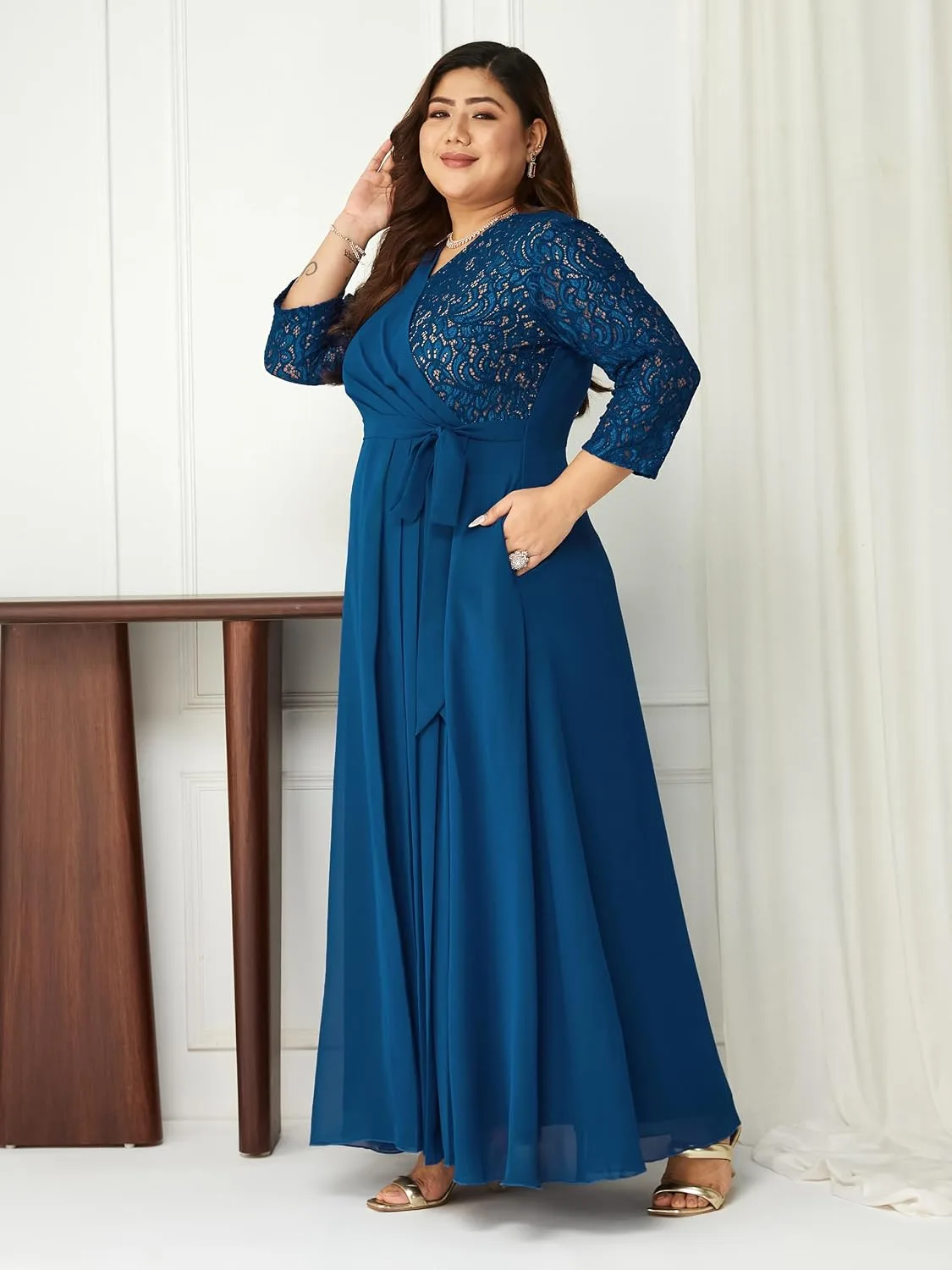 Buy Miss Chase A+ Women's V-Neck 3/4 Sleeve Self-Designed Wrap-Styled Maxi Dress (APSS21D14-67-926-08, Rebel Blue, 3XL) at nearme.com.np image 3