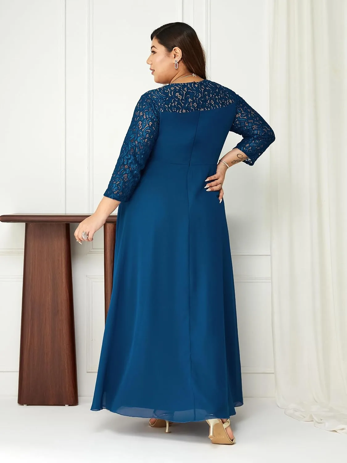 Buy Miss Chase A+ Women's V-Neck 3/4 Sleeve Self-Designed Wrap-Styled Maxi Dress (APSS21D14-67-926-08, Rebel Blue, 3XL) at nearme.com.np image 4
