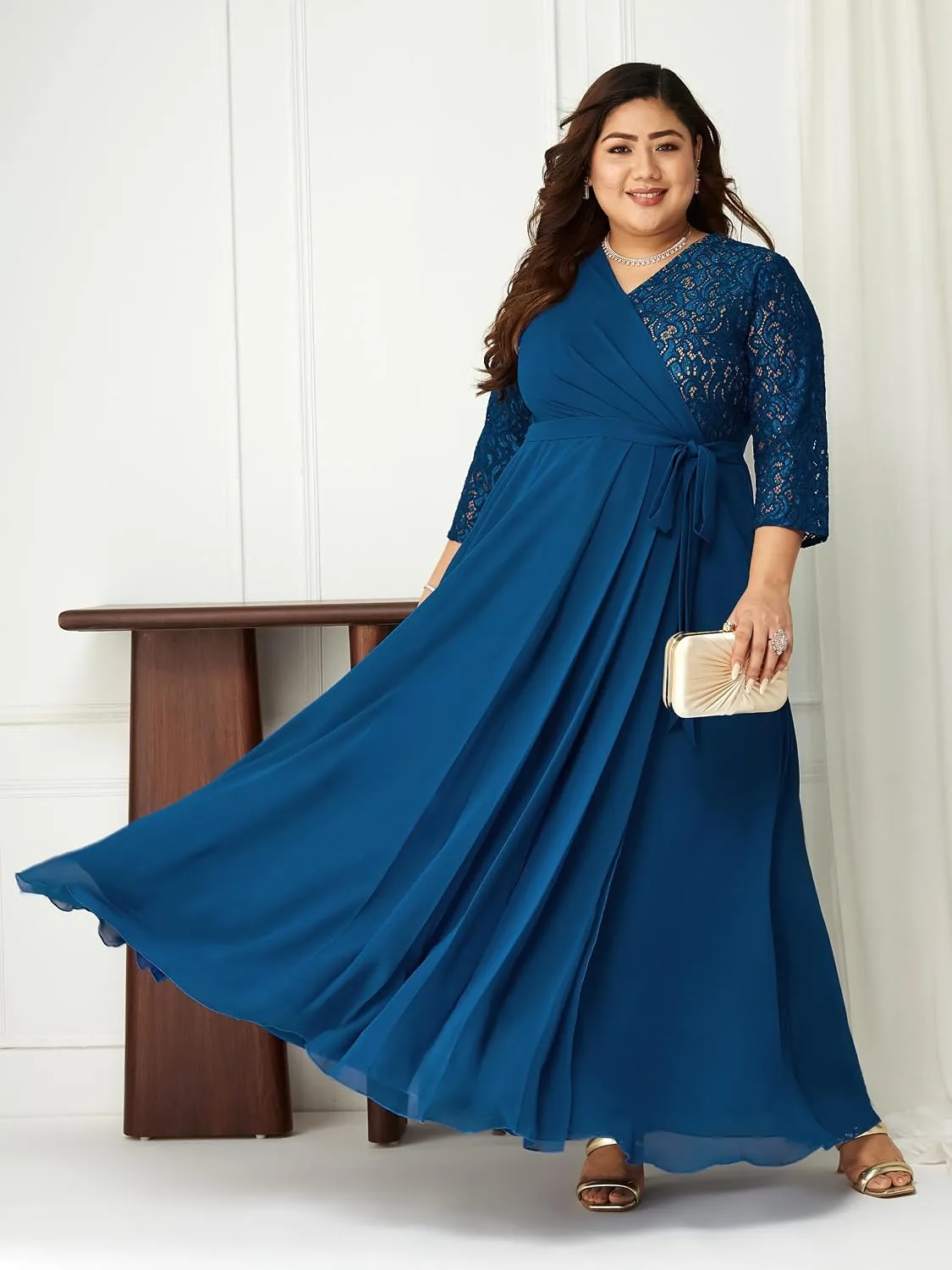 Buy Miss Chase A+ Women's V-Neck 3/4 Sleeve Self-Designed Wrap-Styled Maxi Dress (APSS21D14-67-926-08, Rebel Blue, 3XL) at nearme.com.np image 6