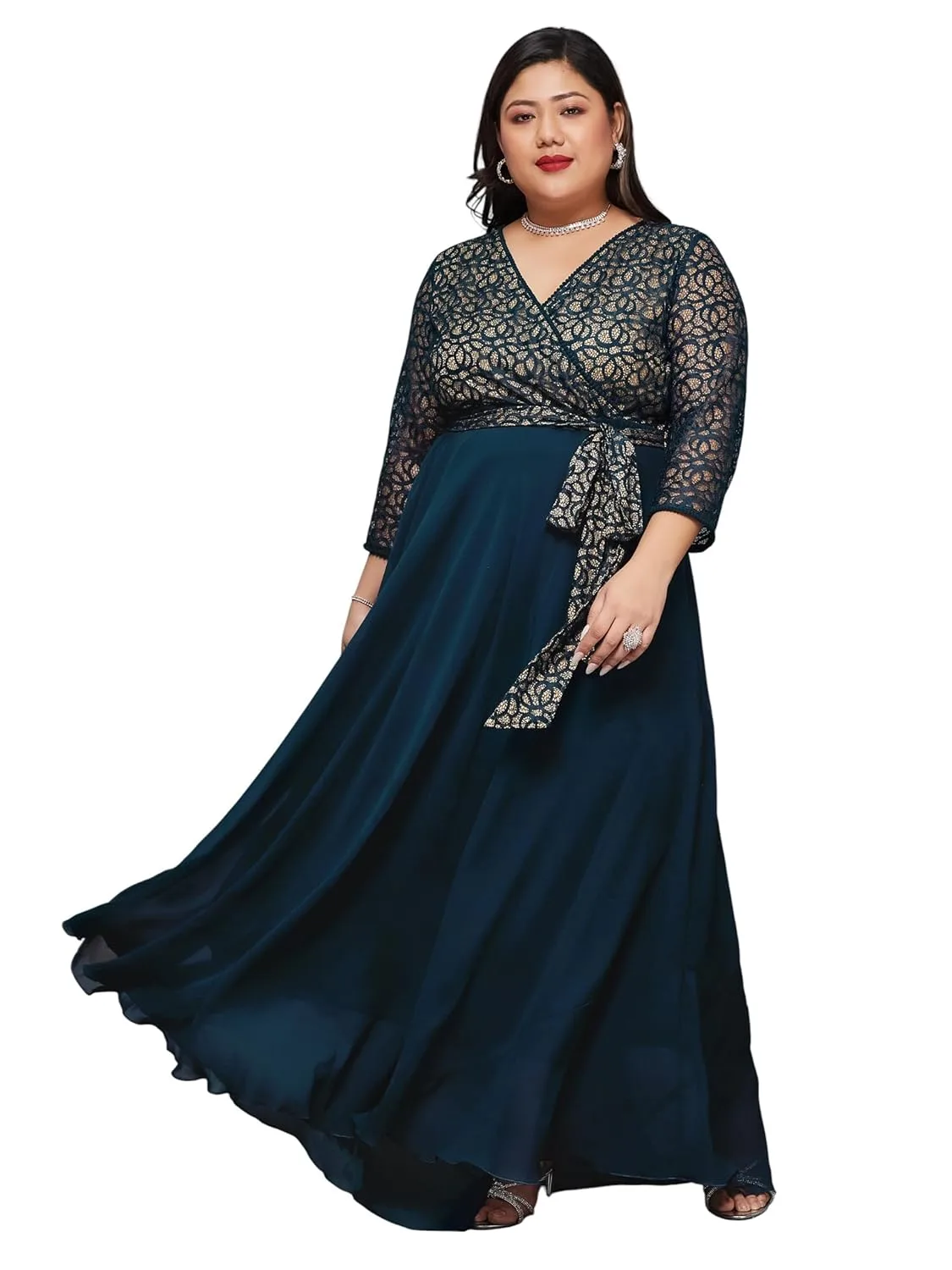 Buy Miss Chase A+ Women's V-Neck 3/4 Sleeve Self-Designed Wrap-Styled Maxi Dress (APSS21D14-67-926-08, Rebel Blue, 3XL) at nearme.com.np image 8