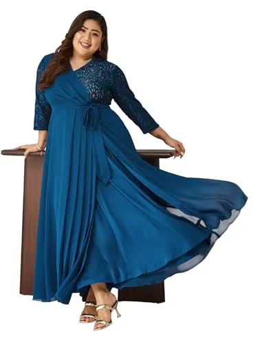 Buy Miss Chase A+ Women's V-Neck 3/4 Sleeve Self-Designed Wrap-Styled Maxi Dress (APSS21D14-67-926-08, Rebel Blue, 3XL) at nearme.com.np image 9 — Rebel Blue