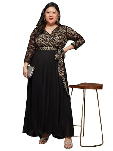 Buy Miss Chase A+ Women's V-Neck 3/4 Sleeve Self-Designed Wrap-Styled Maxi Dress (APSS21D14-67-926-08, Rebel Blue, 3XL) at nearme.com.np image 10 — Black