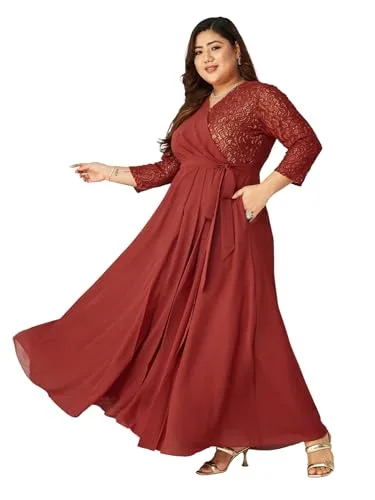 Buy Miss Chase A+ Women's V-Neck 3/4 Sleeve Self-Designed Wrap-Styled Maxi Dress (APSS21D14-67-926-08, Rebel Blue, 3XL) at nearme.com.np image 12 — Dusty Red