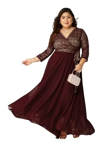 Buy Miss Chase A+ Women's V-Neck 3/4 Sleeve Self-Designed Wrap-Styled Maxi Dress (APSS21D14-67-926-08, Rebel Blue, 3XL) at nearme.com.np — Merlot Wine