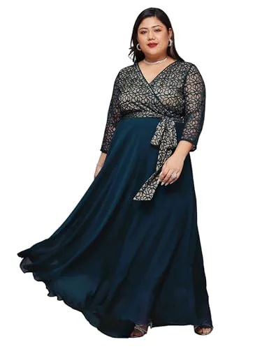 Buy Miss Chase A+ Women's V-Neck 3/4 Sleeve Self-Designed Wrap-Styled Maxi Dress (APSS21D14-67-926-08, Rebel Blue, 3XL) at nearme.com.np — Dark Teal