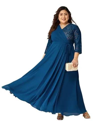 Buy Miss Chase A+ Women's V-Neck 3/4 Sleeve Self-Designed Wrap-Styled Maxi Dress (APSS21D14-67-926-08, Rebel Blue, 3XL) at nearme.com.np — Deep Royal Blue