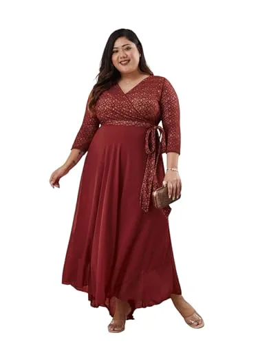 Buy Miss Chase A+ Women's V-Neck 3/4 Sleeve Self-Designed Wrap-Styled Maxi Dress (APSS21D14-67-926-08, Rebel Blue, 3XL) at nearme.com.np — Maroon