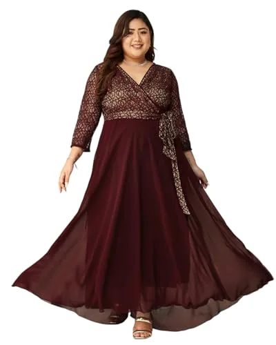 Buy Miss Chase A+ Women's V-Neck 3/4 Sleeve Self-Designed Wrap-Styled Maxi Dress (APSS21D14-67-926-08, Rebel Blue, 3XL) at nearme.com.np — Wine