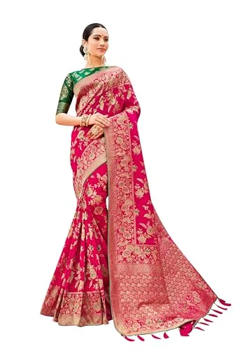 Fashion Women's Banarasi Pure Kanjivaram Style Silk Saree With Blouse Piece for Wedding — Magenta