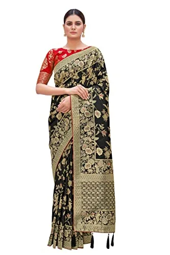 Fashion Women's Banarasi Pure Kanjivaram Style Silk Saree With Blouse Piece for Wedding — Black