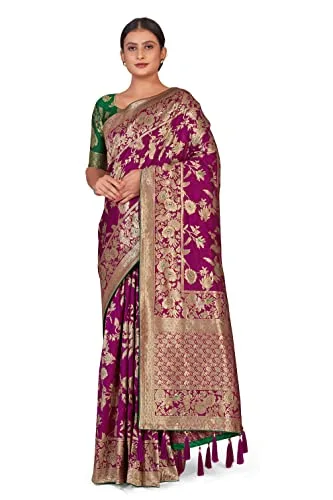 Fashion Women's Banarasi Pure Kanjivaram Style Silk Saree With Blouse Piece for Wedding — Dark Magenta