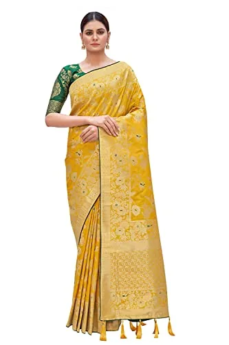 Fashion Women's Banarasi Pure Kanjivaram Style Silk Saree With Blouse Piece for Wedding — Mustard