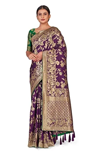 Fashion Women's Banarasi Pure Kanjivaram Style Silk Saree With Blouse Piece for Wedding — Purple