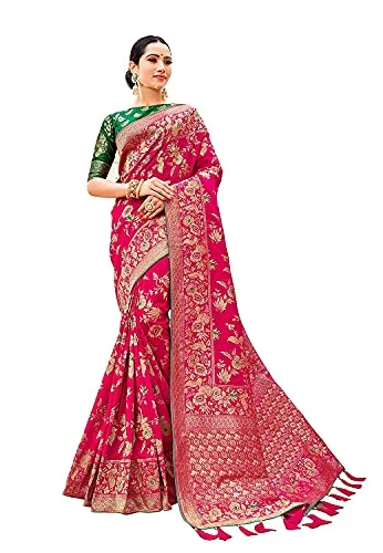 Fashion Women's Banarasi Pure Kanjivaram Style Silk Saree With Blouse Piece for Wedding — Rani Pink
