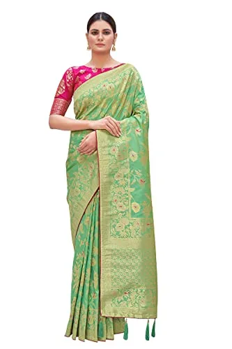 Fashion Women's Banarasi Pure Kanjivaram Style Silk Saree With Blouse Piece for Wedding — Sea Green