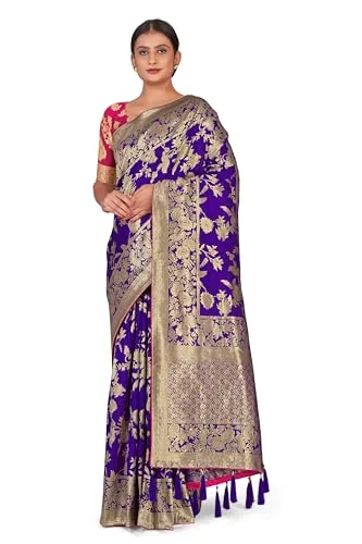 Fashion Women's Banarasi Pure Kanjivaram Style Silk Saree With Blouse Piece for Wedding — Violet