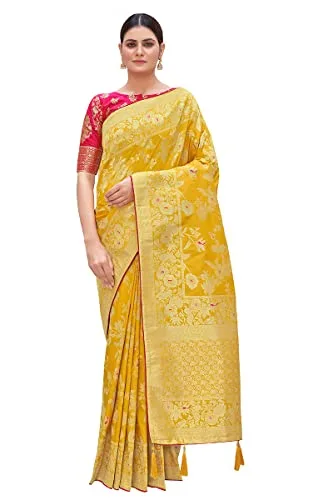 Fashion Women's Banarasi Pure Kanjivaram Style Silk Saree With Blouse Piece for Wedding — Yellow