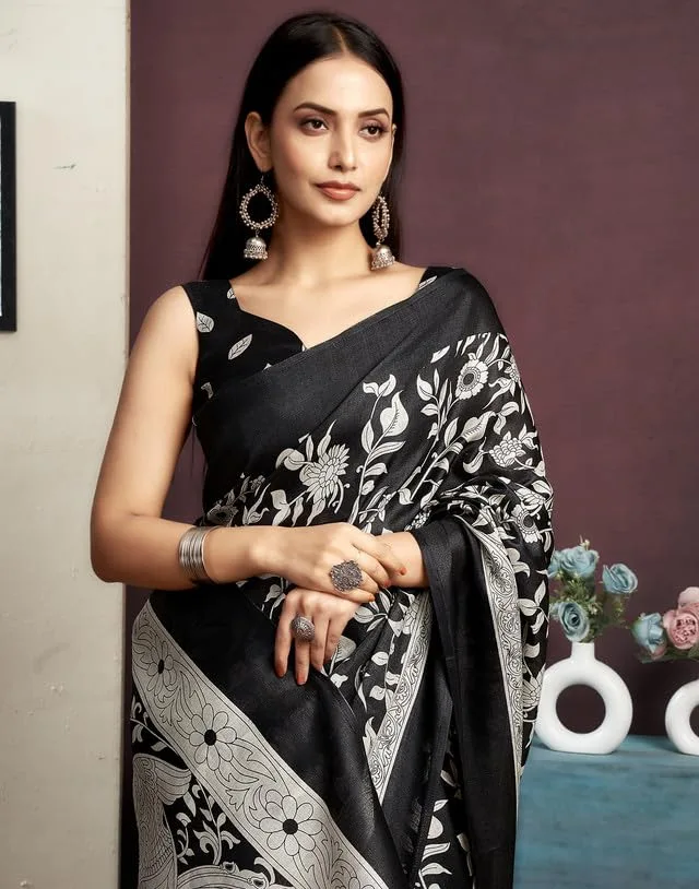 Women's Cotton Saree With Unstitched Blouse — Black & Off White