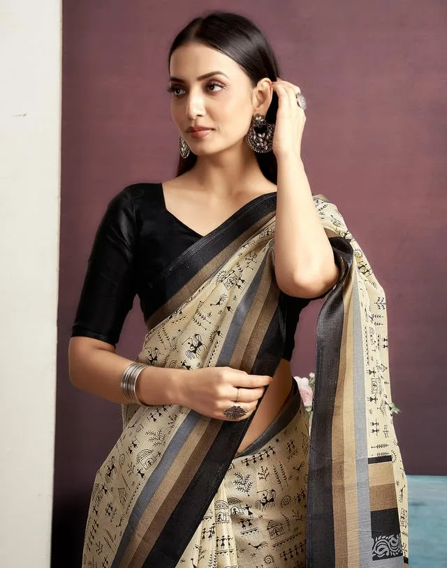Women's Cotton Saree With Unstitched Blouse — Cream & Black