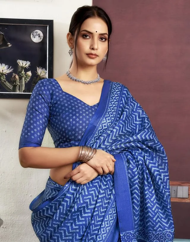 Women's Cotton Saree With Unstitched Blouse — Dark Blue