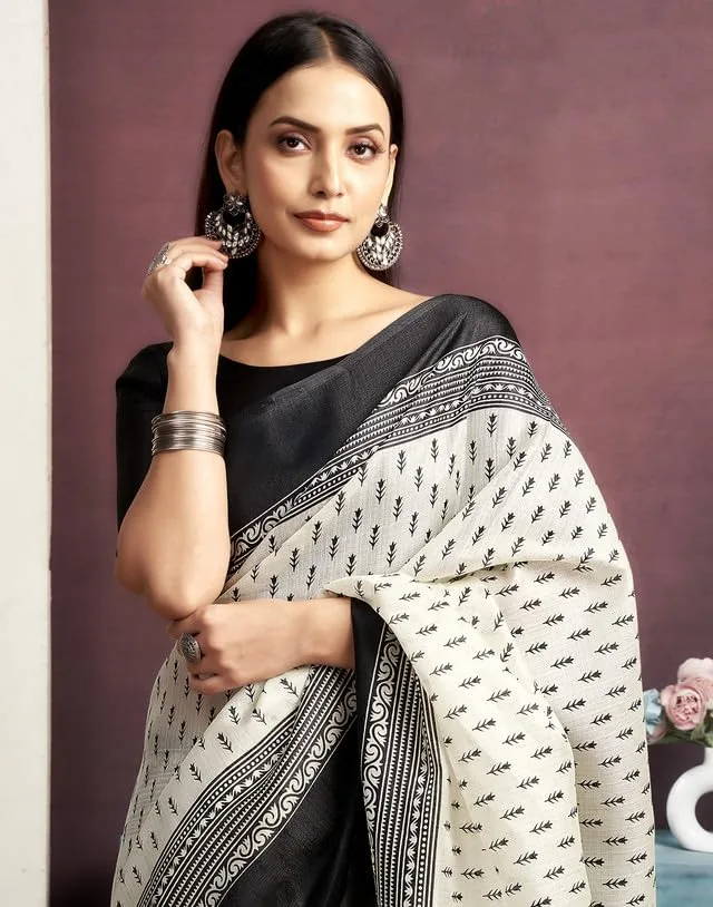 Women's Cotton Saree With Unstitched Blouse — Off White & Black
