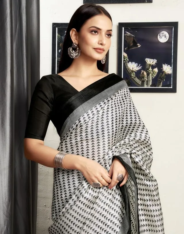 Women's Cotton Saree With Unstitched Blouse — White