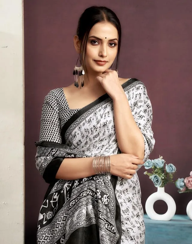 Women's Cotton Saree With Unstitched Blouse — White & Black