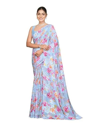 Garden Vareli Georgette Brasso Floral Printed Saree buy at nearme.com.np — Blue
