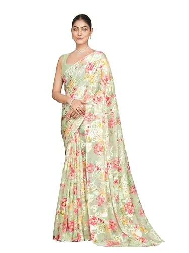 Garden Vareli Georgette Brasso Floral Printed Saree buy at nearme.com.np — Green