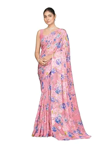Garden Vareli Georgette Brasso Floral Printed Saree buy at nearme.com.np — Peach