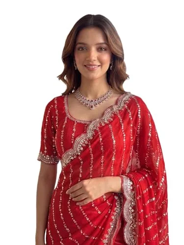 Women's Sequin Embroidered Saree with Scalloped Border, Unstitched Blouse Piece (Red) at nearme.com.np — Red
