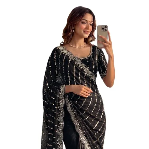 Women's Sequin Embroidered Saree with Scalloped Border, Unstitched Blouse Piece (Red) at nearme.com.np — Black