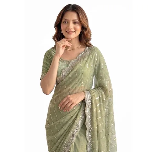 Women's Sequin Embroidered Saree with Scalloped Border, Unstitched Blouse Piece (Red) at nearme.com.np — Green