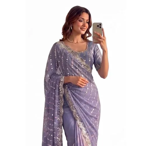 Women's Sequin Embroidered Saree with Scalloped Border, Unstitched Blouse Piece (Red) at nearme.com.np — Lavender
