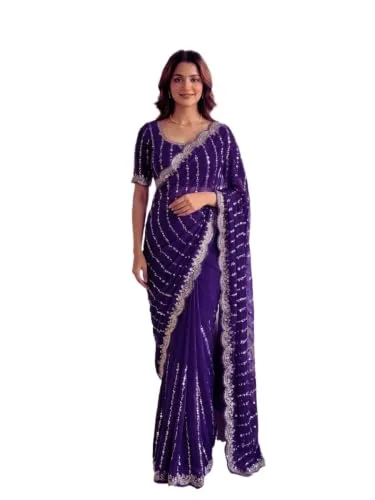 Women's Sequin Embroidered Saree with Scalloped Border, Unstitched Blouse Piece (Red) at nearme.com.np — Purple