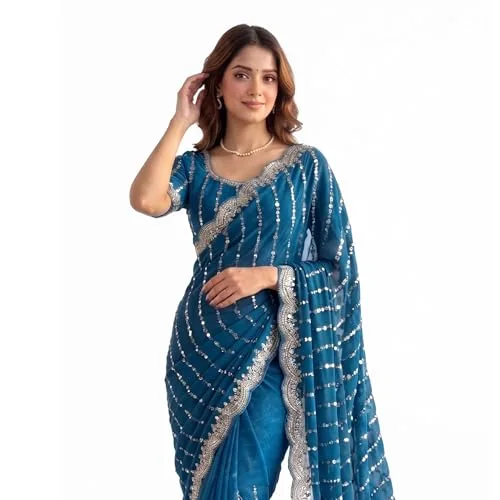 Women's Sequin Embroidered Saree with Scalloped Border, Unstitched Blouse Piece (Red) at nearme.com.np — Teal Blue