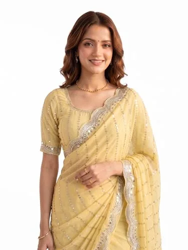 Women's Sequin Embroidered Saree with Scalloped Border, Unstitched Blouse Piece (Red) at nearme.com.np — Yellow