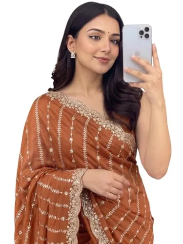 Buy NIRLABH RADHA Women’s Embroidery Work Saree with Designer Border, Festive and Traditional Ethnic Saree with Detailed Thread Work and Elegant Drape Style (Green) at nearme.com.np — Orange