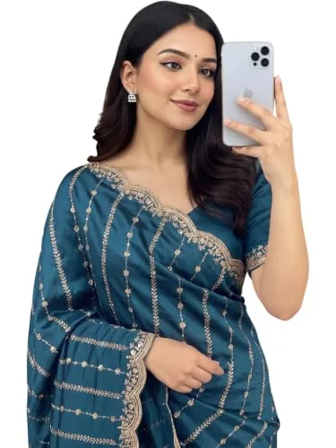 Buy NIRLABH RADHA Women’s Embroidery Work Saree with Designer Border, Festive and Traditional Ethnic Saree with Detailed Thread Work and Elegant Drape Style (Green) at nearme.com.np — PETROL BLUE