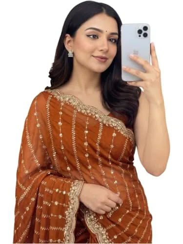 Buy NIRLABH RADHA Women’s Embroidery Work Saree with Designer Border, Festive and Traditional Ethnic Saree with Detailed Thread Work and Elegant Drape Style (Green) at nearme.com.np — RUST ORANGE