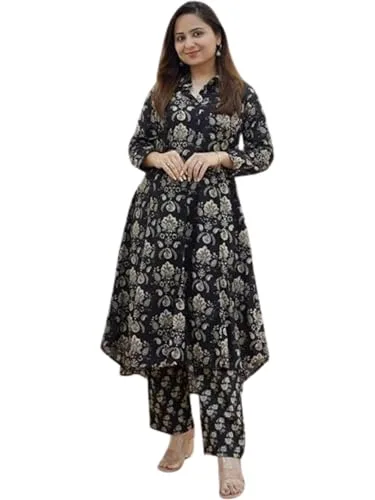Women Cotton Blend Floral Kurti buy at nearme.com.np — Black