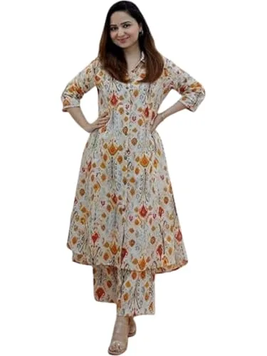 Women Cotton Blend Floral Kurti buy at nearme.com.np — OFF WHITE