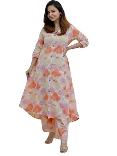 Women Cotton Blend Floral Kurti buy at nearme.com.np — Orange